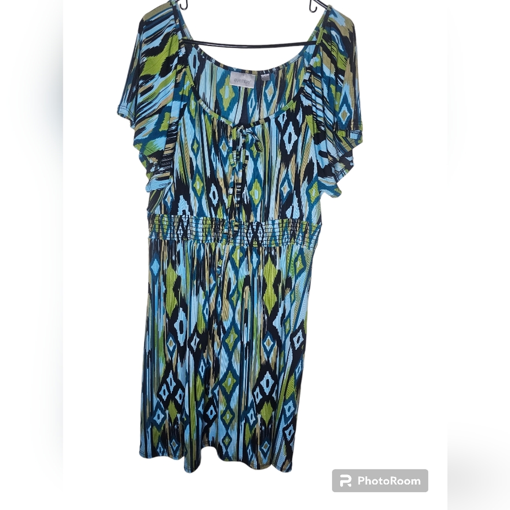 Avenue women's multi colour smocked waist flutter sleeves dress size 18/20